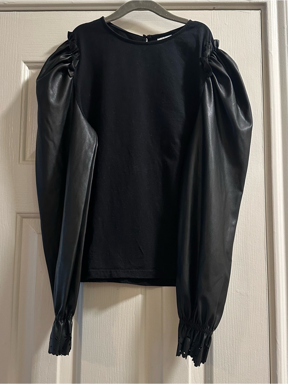 Zara Girls Black Balloon Sleeve Faux Leather Top
